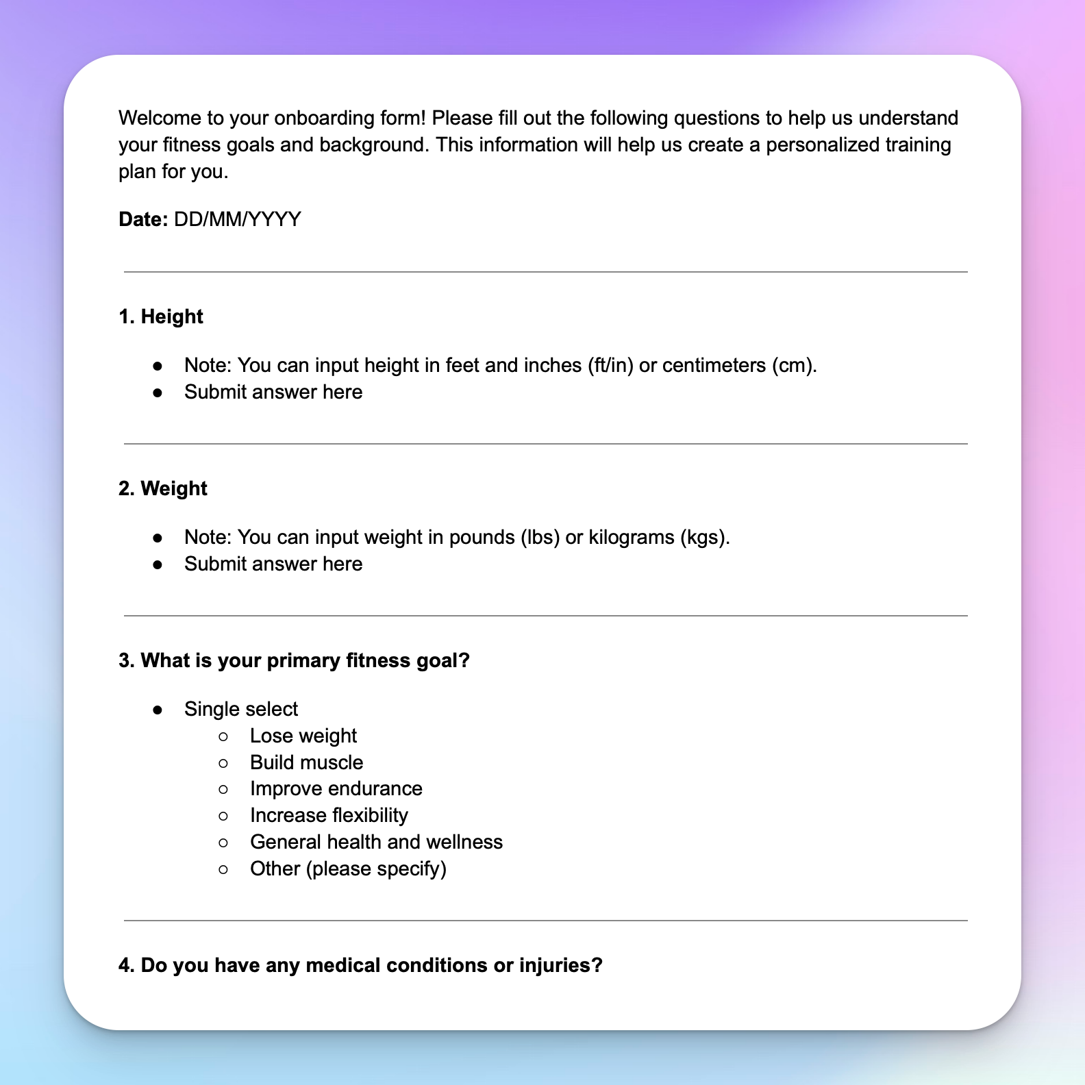 Onboarding Form preview