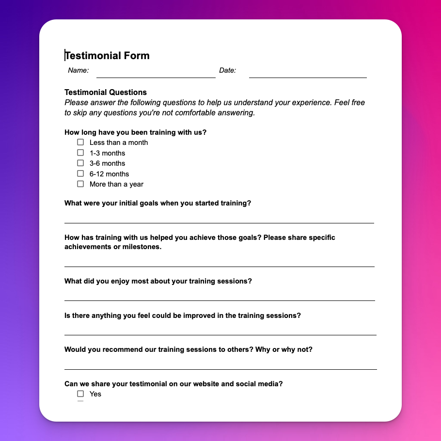 Client Testimonial Form preview