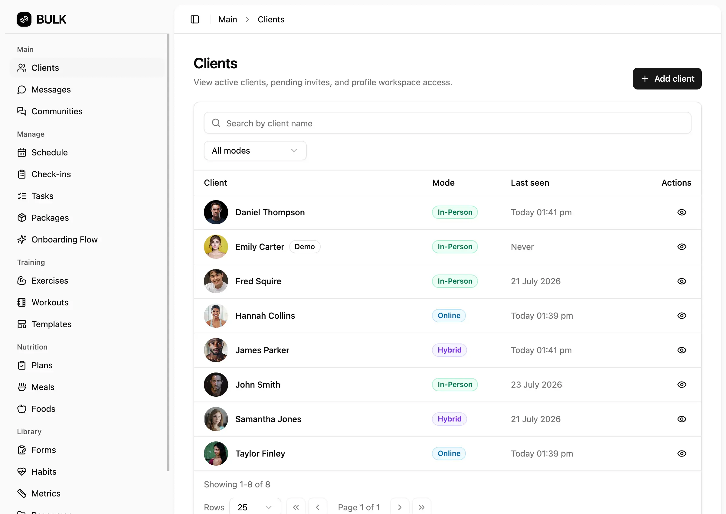 BULK web dashboard showing the coach client list