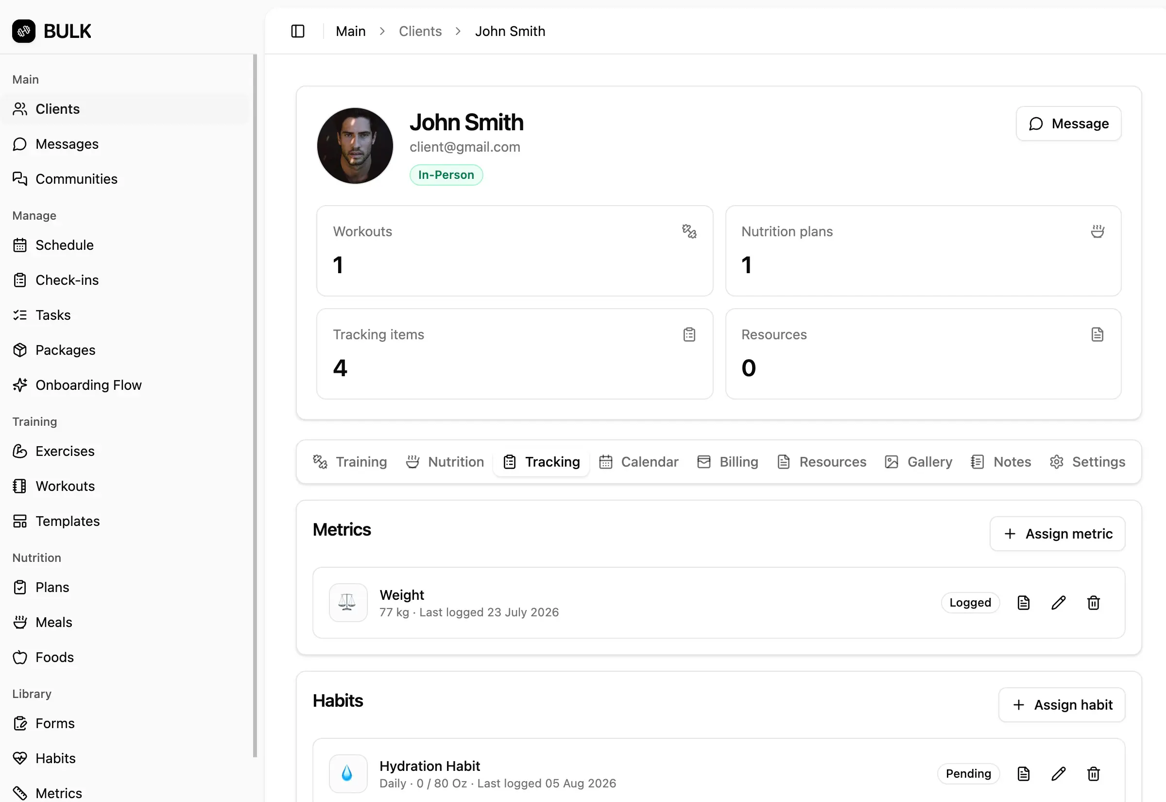 BULK client dashboard keeping a coaching roster organised