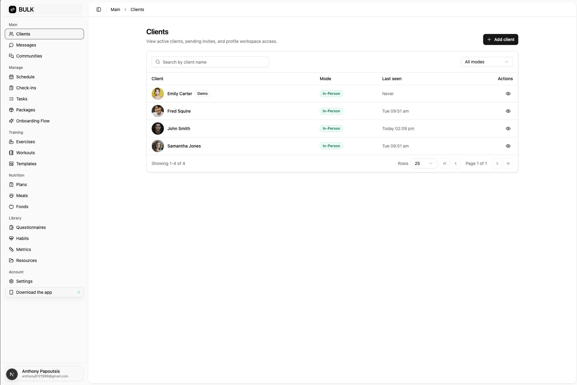 BULK web dashboard showing the coach client list